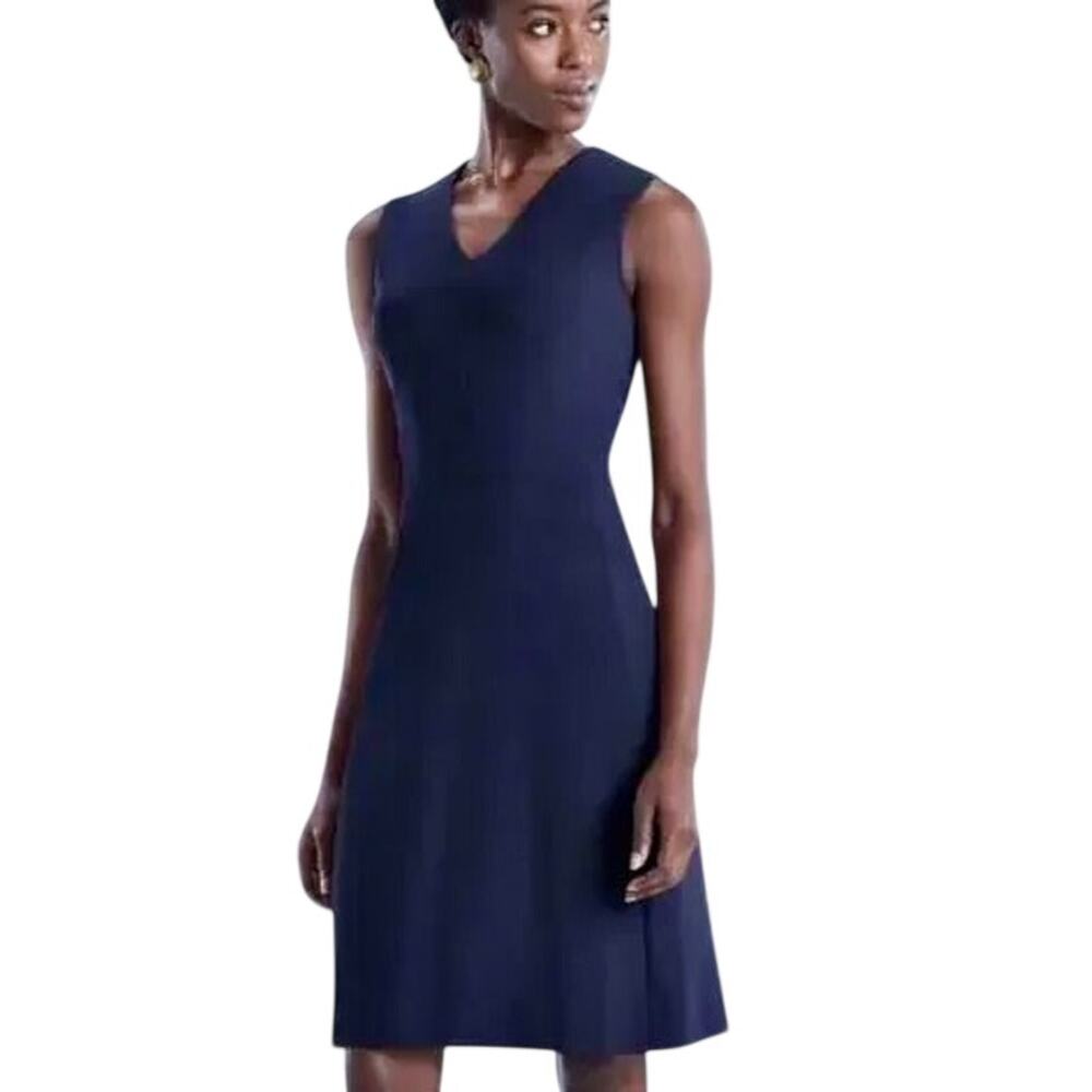 MM Lafleur NY Navy Blue Midi Stretch Knit Dress Minimalist Flared V-Neck Preppy